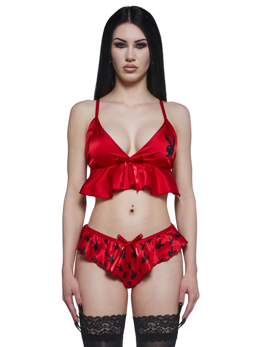 PLAYBOY Red Satin Ruffle Bralette & Ruffle Briefs Set - Picture 2 of 5